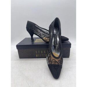 Stuart Weitzman Black Italian Leather Laced & Embroidered Kitten Heel Pumps 8.5